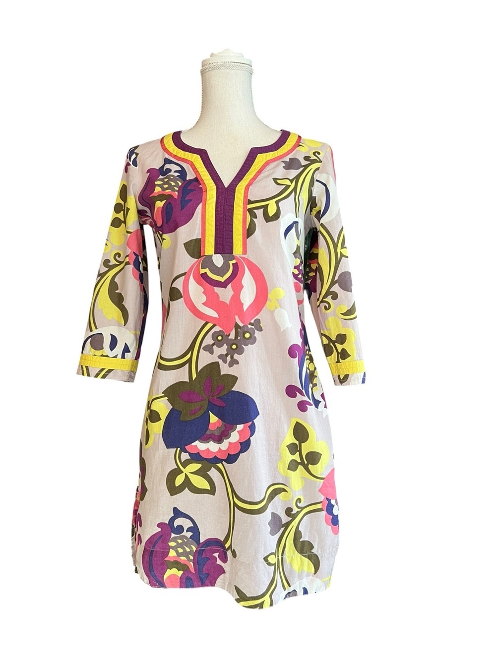 Boden Multicolor Floral Midi Dress — White, Pink, Yellow, Purple, Blue